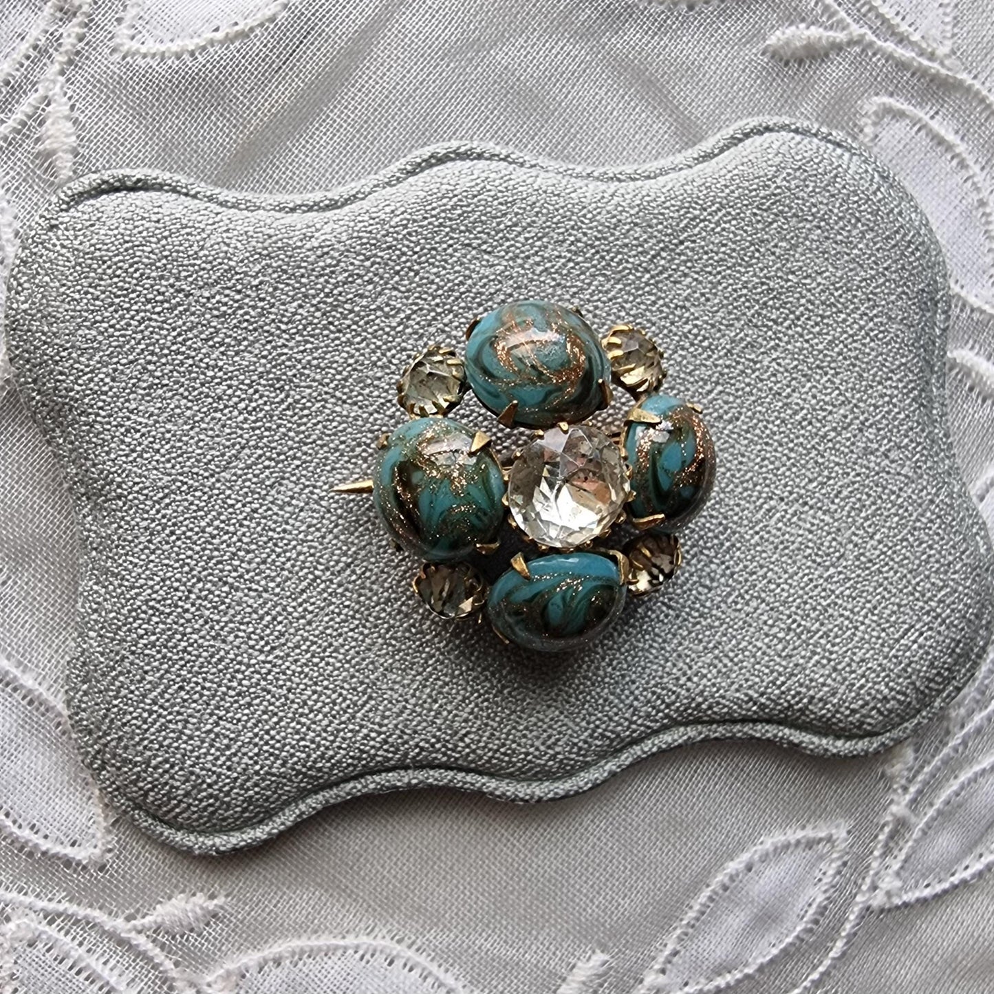Brooch - Gold Turquoise Glass and Clear Crystal Flower Brooch