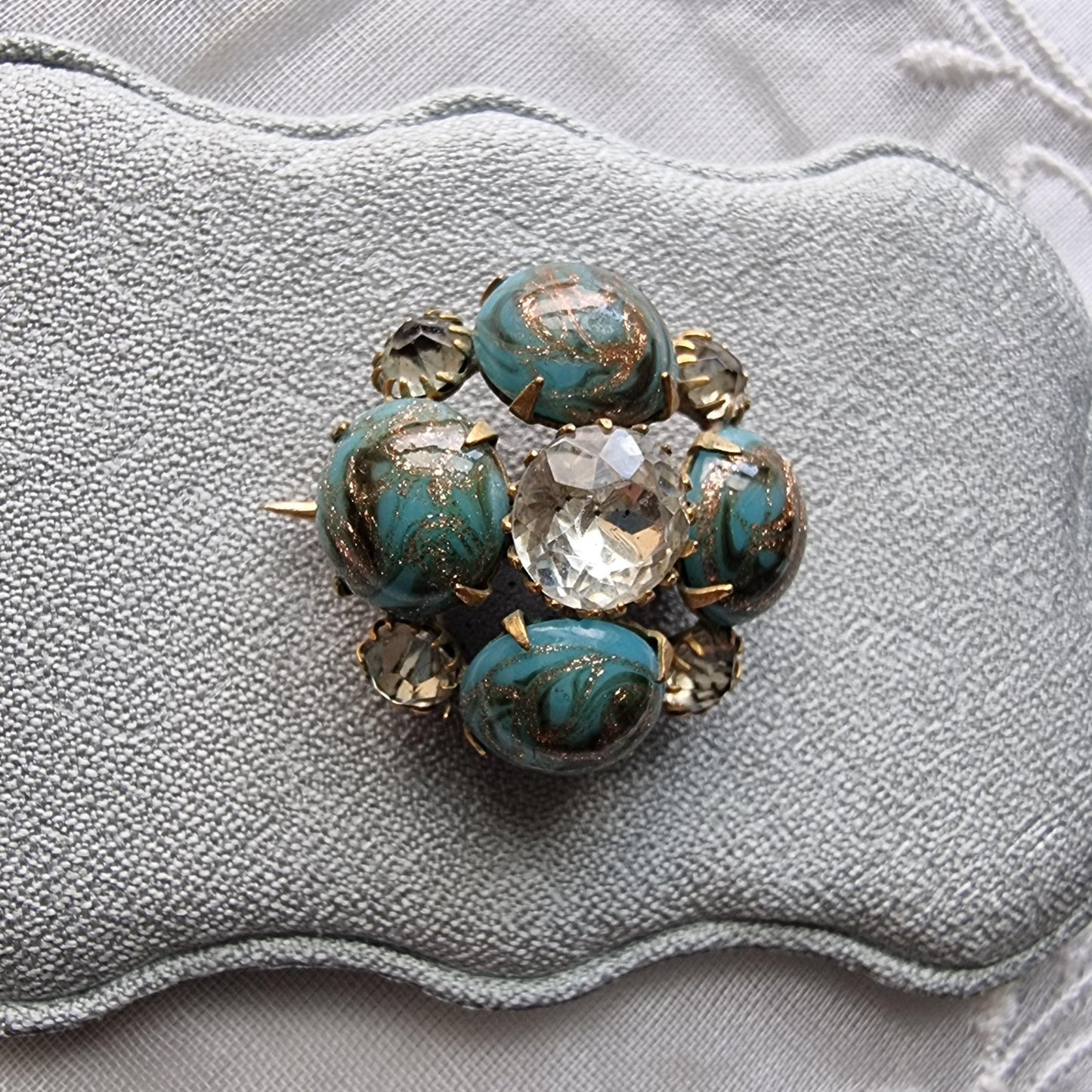 Brooch - Gold Turquoise Glass and Clear Crystal Flower Brooch