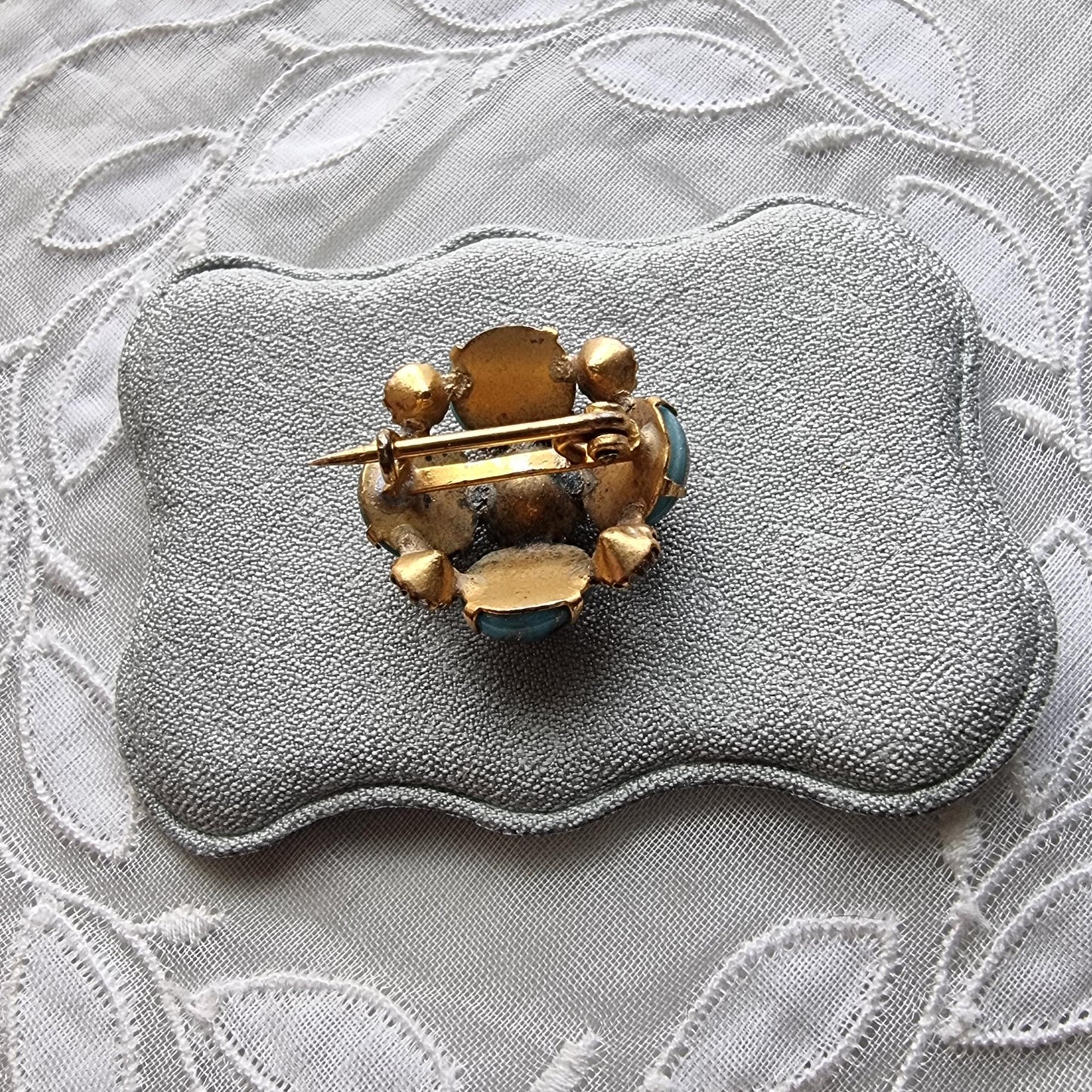 Brooch - Gold Turquoise Glass and Clear Crystal Flower Brooch