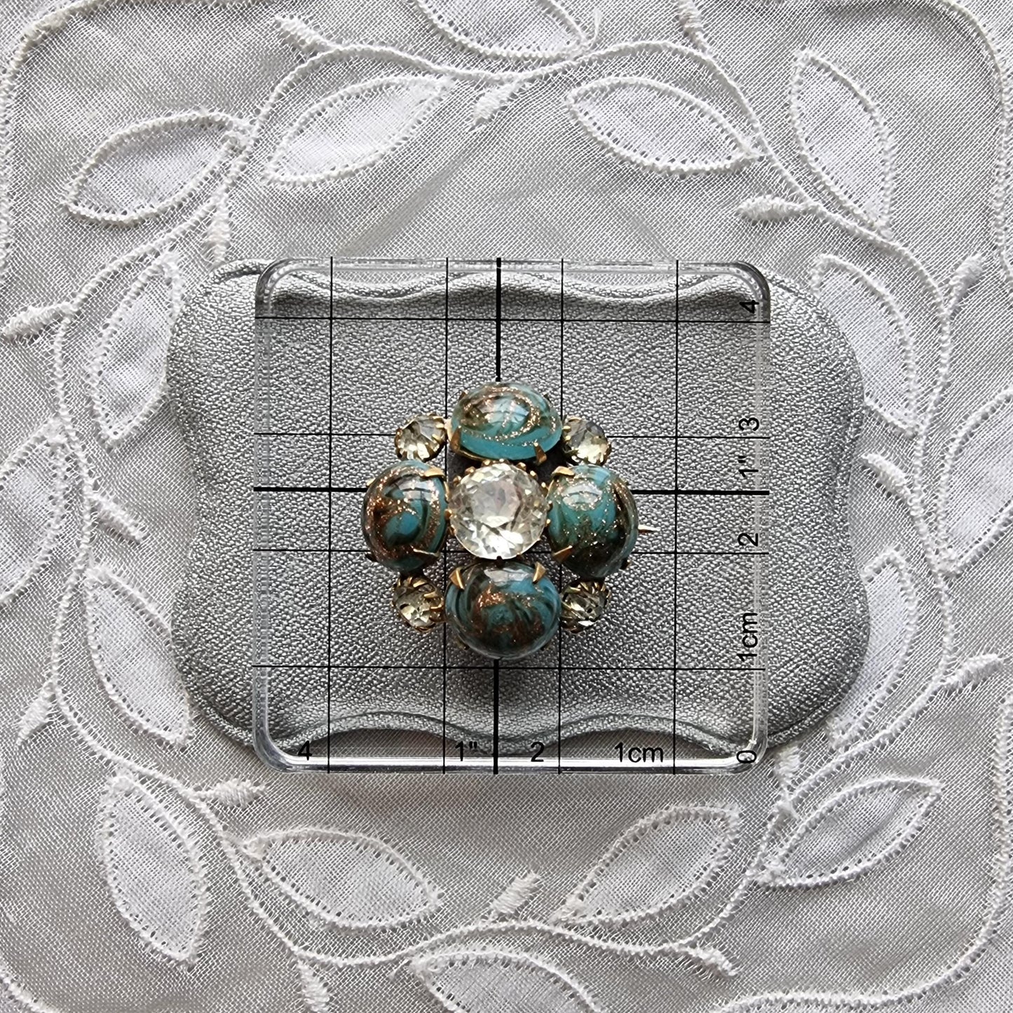 Brooch - Gold Turquoise Glass and Clear Crystal Flower Brooch