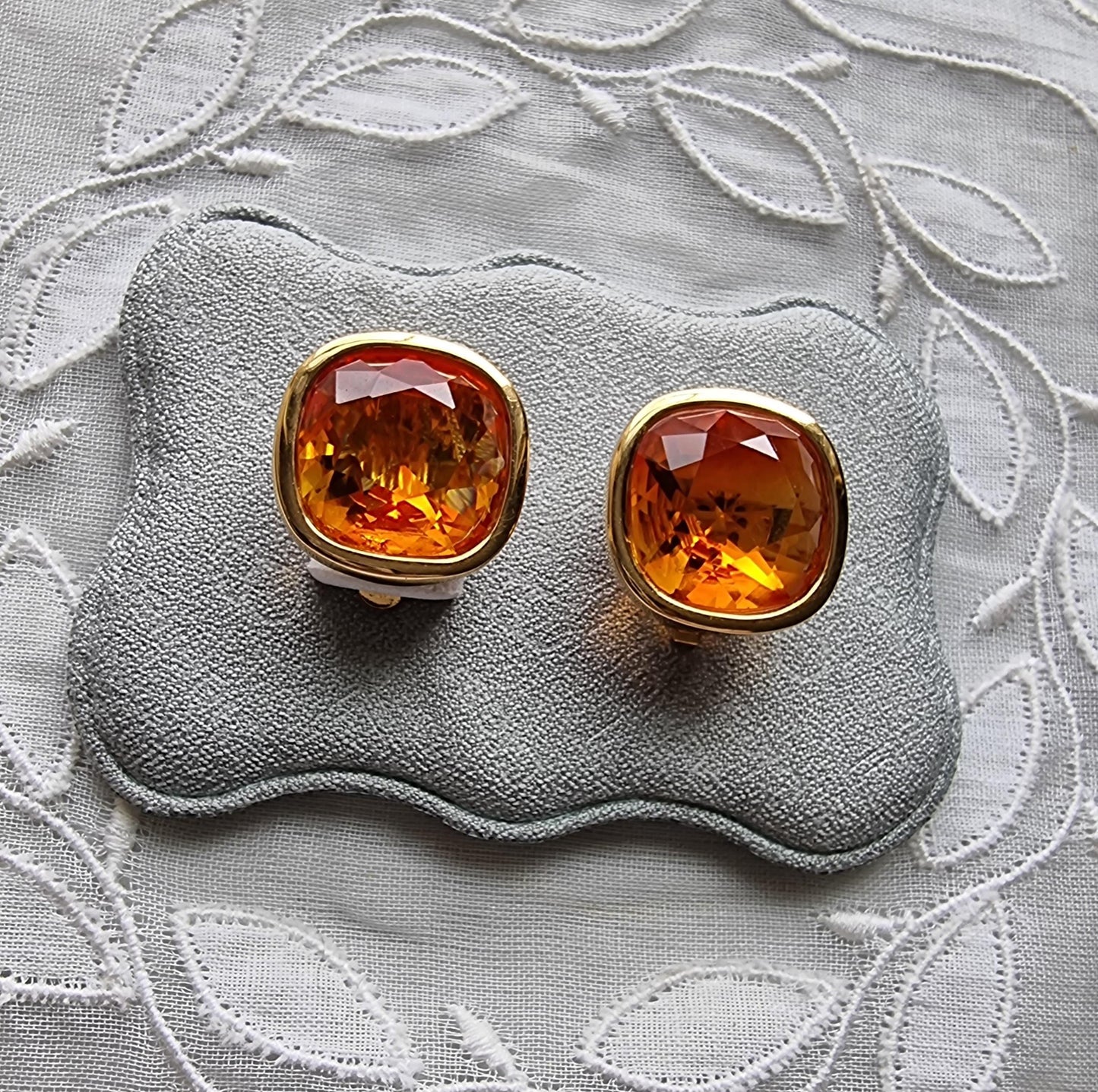 Clip on - Swarovski Cushion Cut Orange Crystal Clip On Earrings