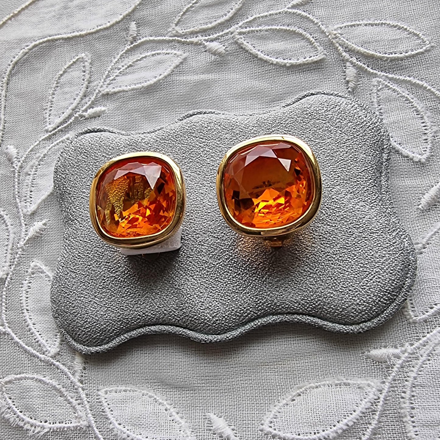 Clip on - Swarovski Cushion Cut Orange Crystal Clip On Earrings