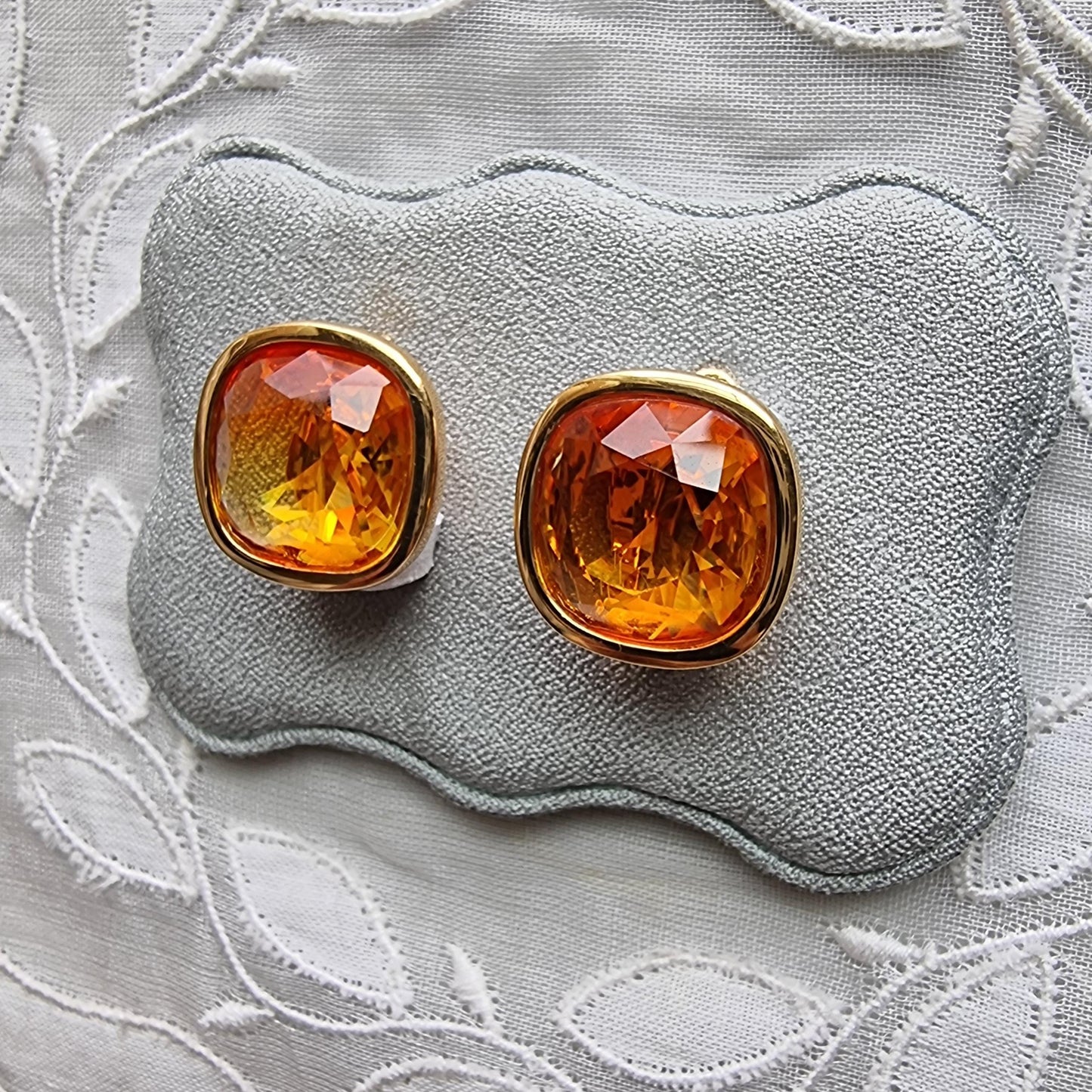 Clip on - Swarovski Cushion Cut Orange Crystal Clip On Earrings