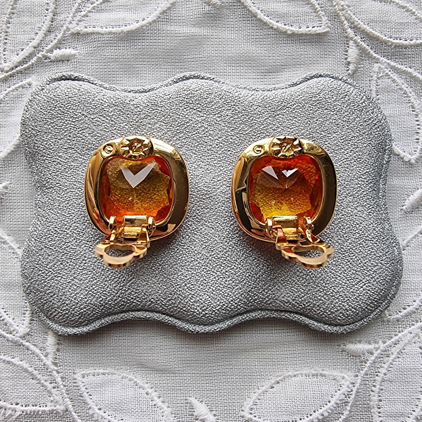 Clip on - Swarovski Cushion Cut Orange Crystal Clip On Earrings