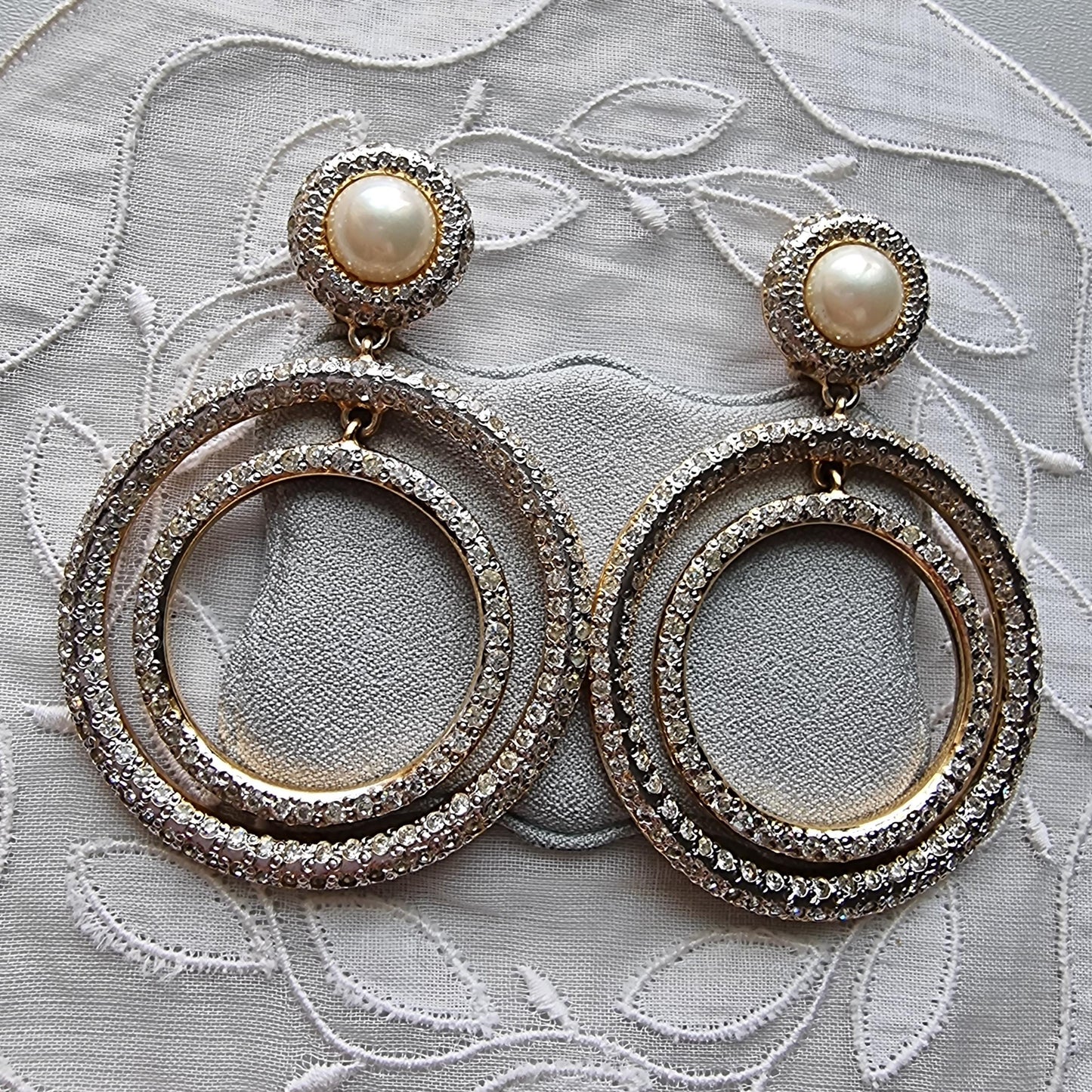 Clip on - Vogue Bijoux Faux Pearl and Clear Crystals Drop Statement Clip on Earrings