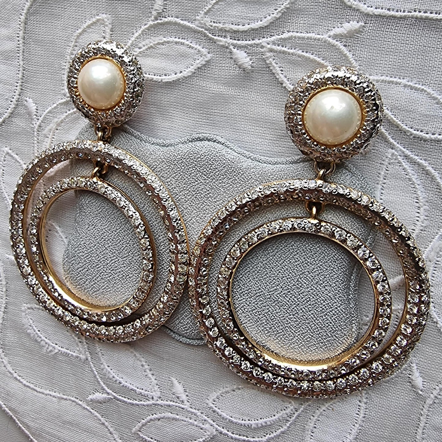 Clip on - Vogue Bijoux Faux Pearl and Clear Crystals Drop Statement Clip on Earrings