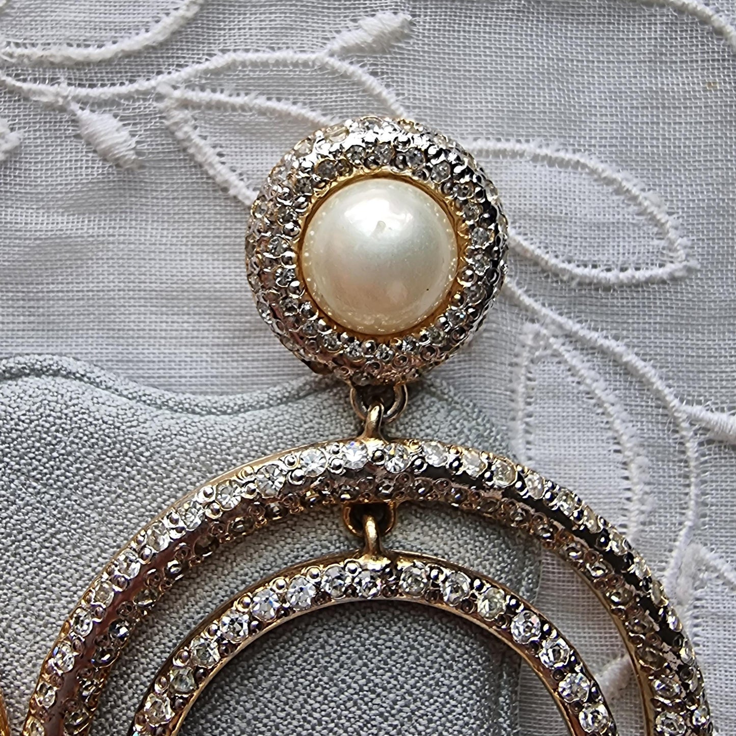 Clip on - Vogue Bijoux Faux Pearl and Clear Crystals Drop Statement Clip on Earrings