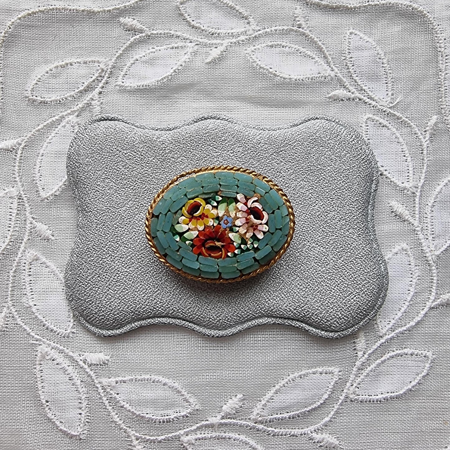 Brooch - Turquoise Glass Micromosaic Flower Brooch