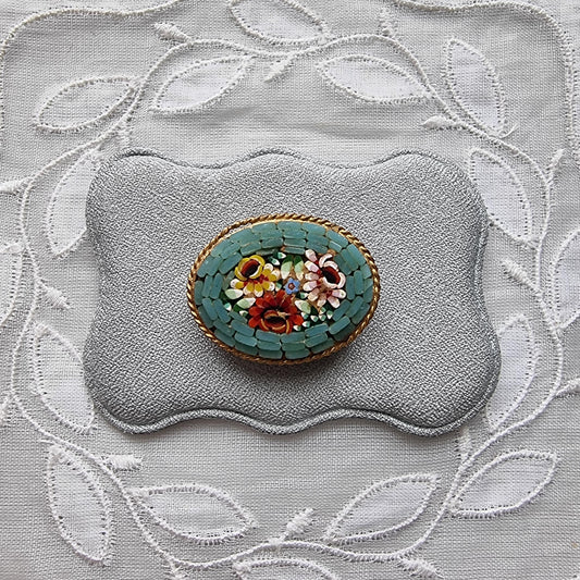 Brooch - Turquoise Glass Micromosaic Flower Brooch