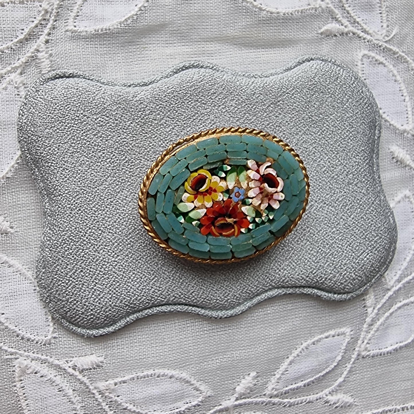 Brooch - Turquoise Glass Micromosaic Flower Brooch