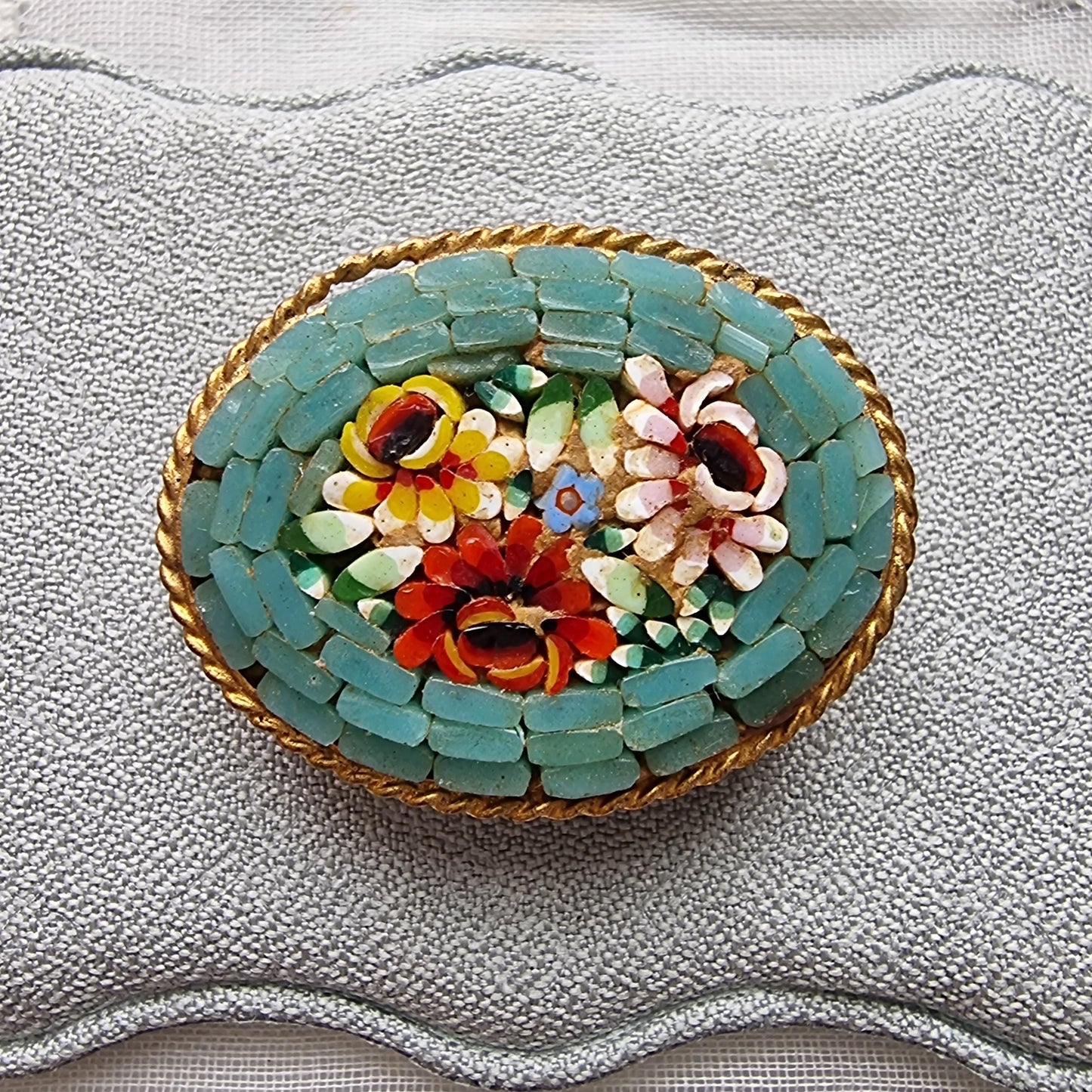 Brooch - Turquoise Glass Micromosaic Flower Brooch