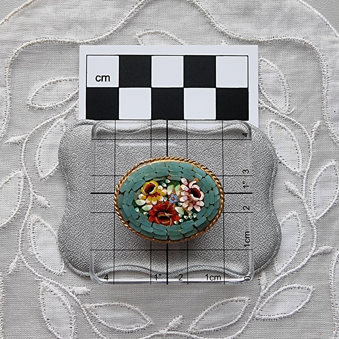 Brooch - Turquoise Glass Micromosaic Flower Brooch