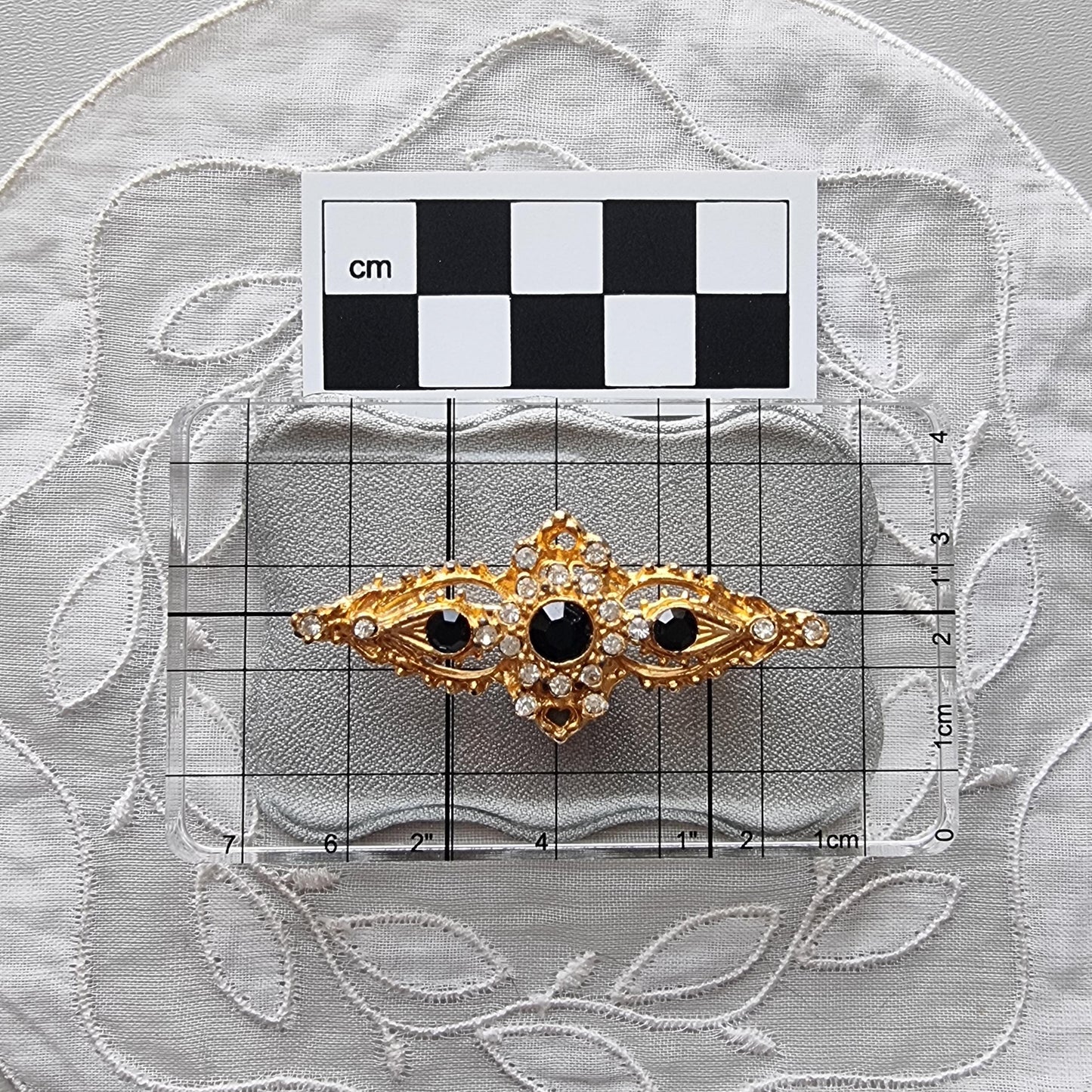 Brooch - Black Crystals and Seed Pearls Bar Brooch