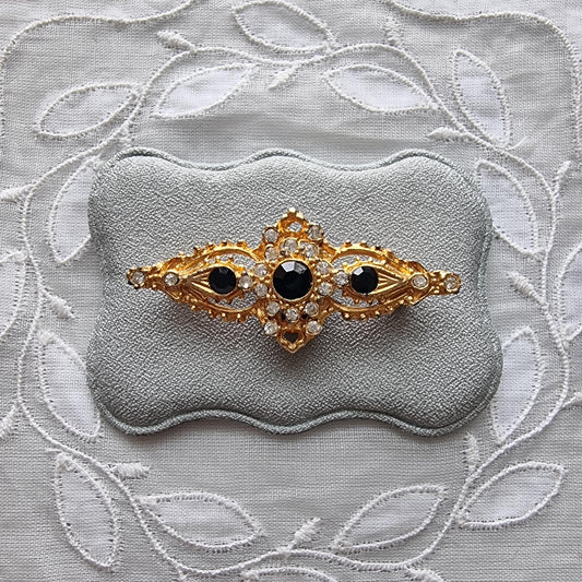 Brooch - Black Crystals and Seed Pearls Bar Brooch
