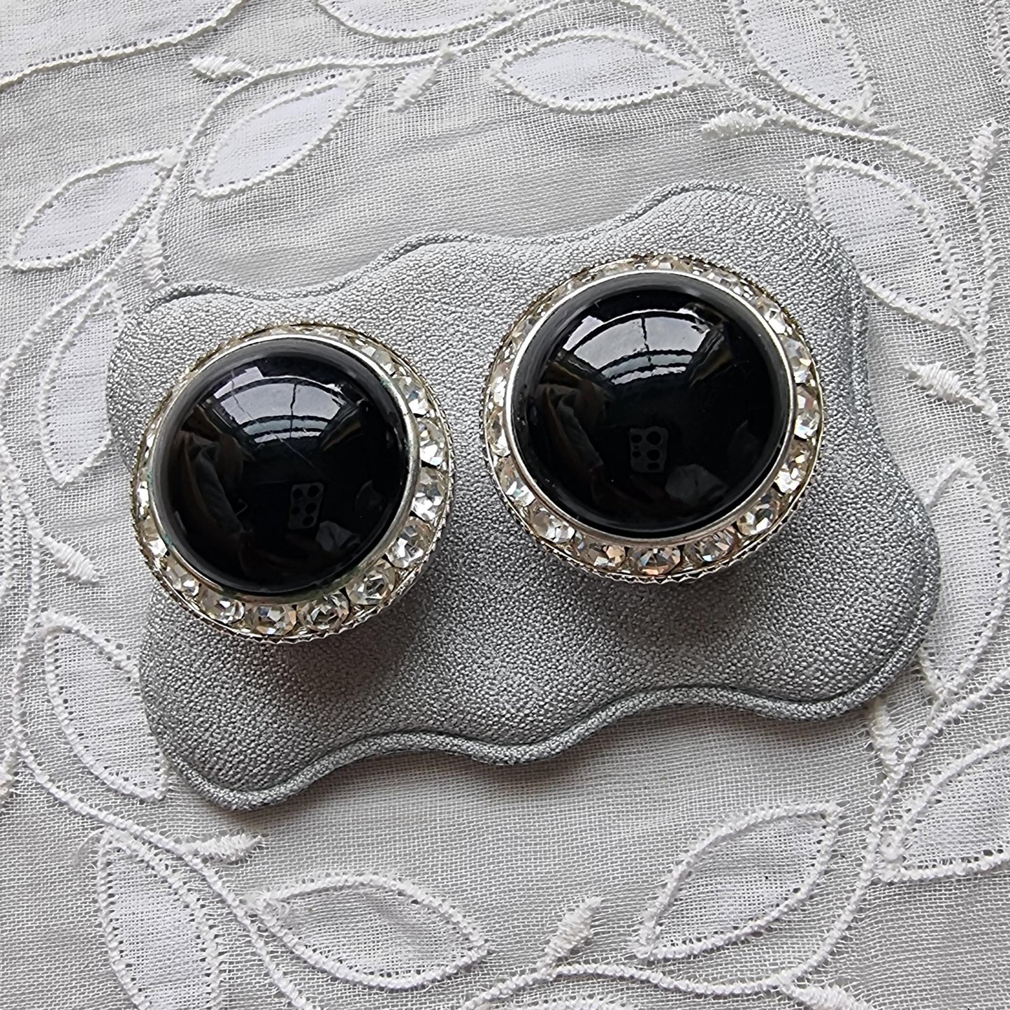 Clip on - Black and Clear Crystals Halo Clip on Earrings