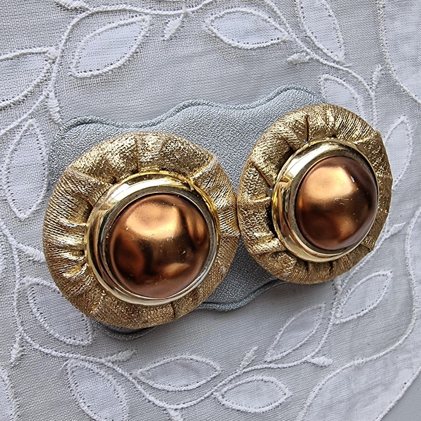 Clip on - Gold Fabric Faux Big Brown Pearl Clip on Earrings