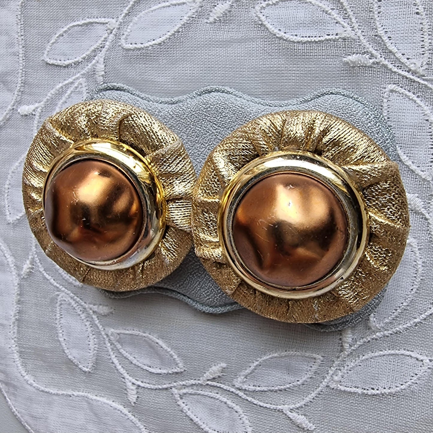 Clip on - Gold Fabric Faux Big Brown Pearl Clip on Earrings