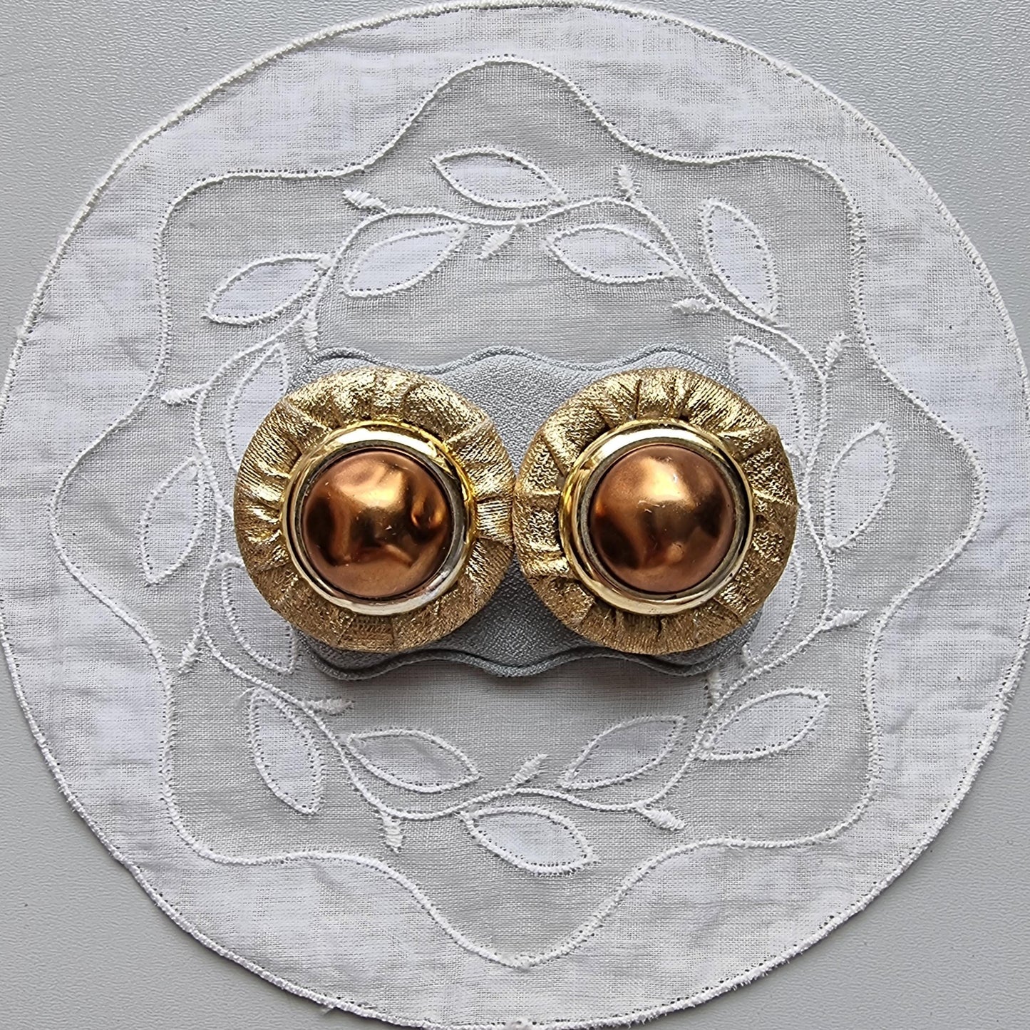 Clip on - Gold Fabric Faux Big Brown Pearl Clip on Earrings