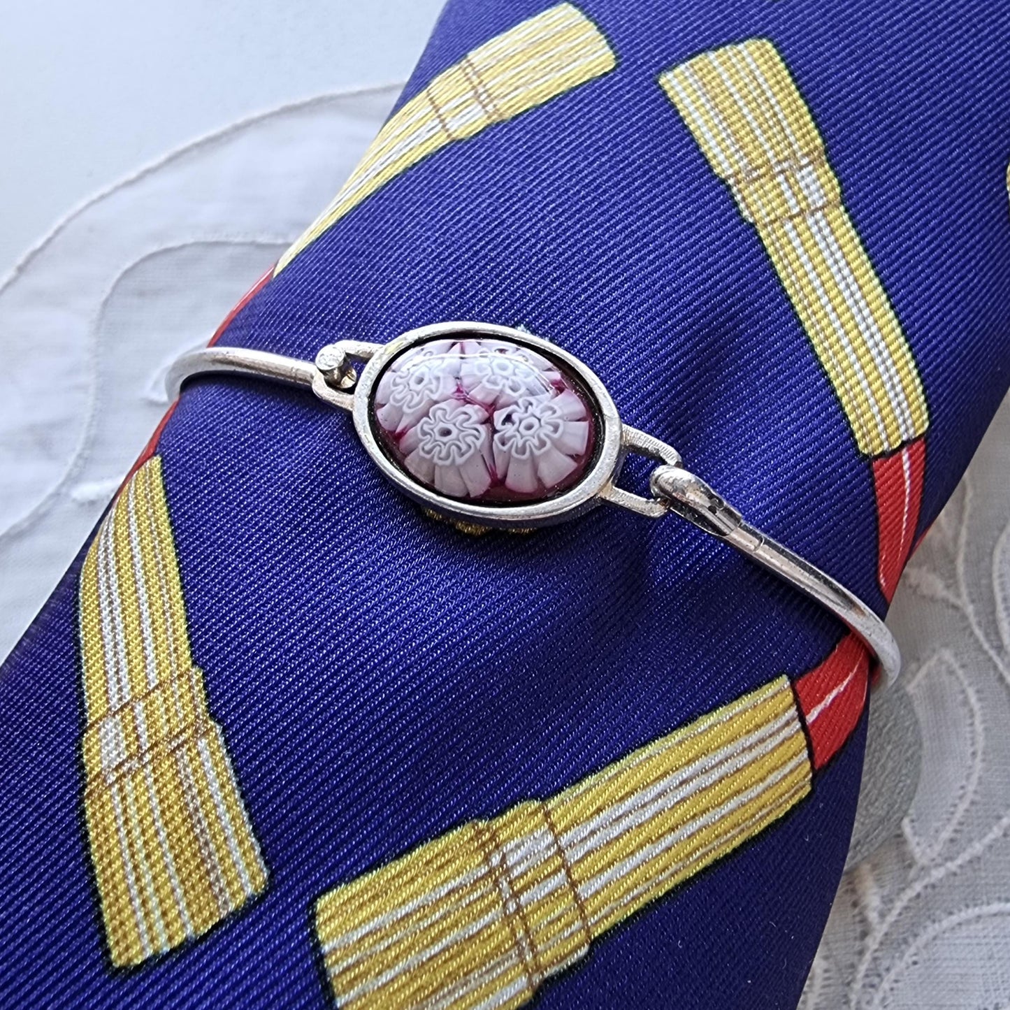 Bracelet - Purple Red Milefiori Glass Cabochon Bangle Bracelet