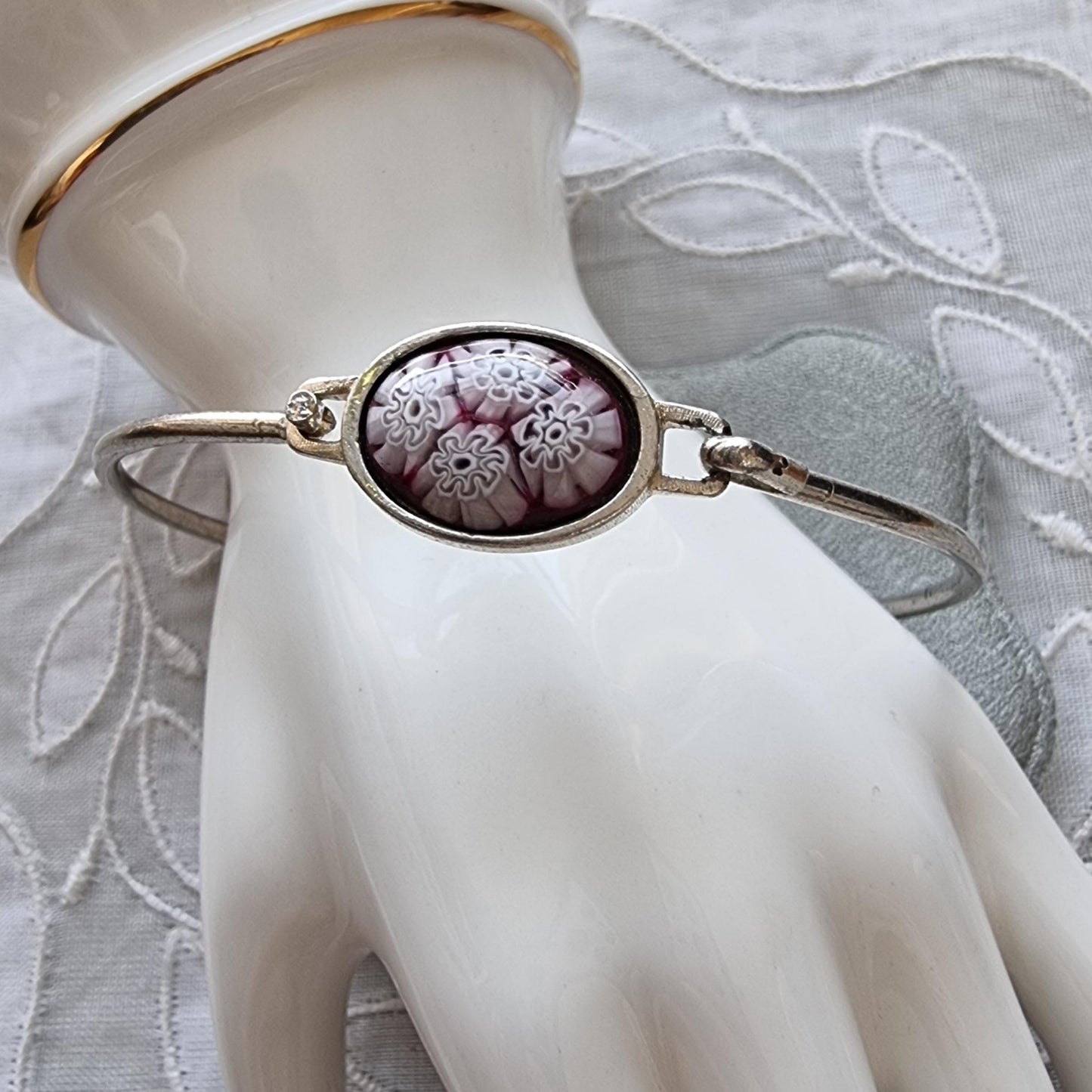 Bracelet - Purple Red Milefiori Glass Cabochon Bangle Bracelet