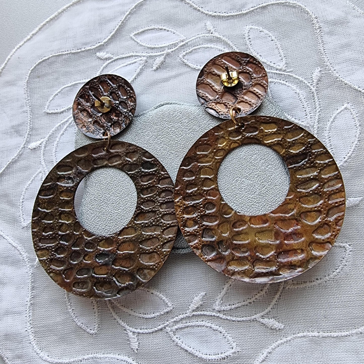 Posts - Brown Metal Crocodile Print Drop Earrings