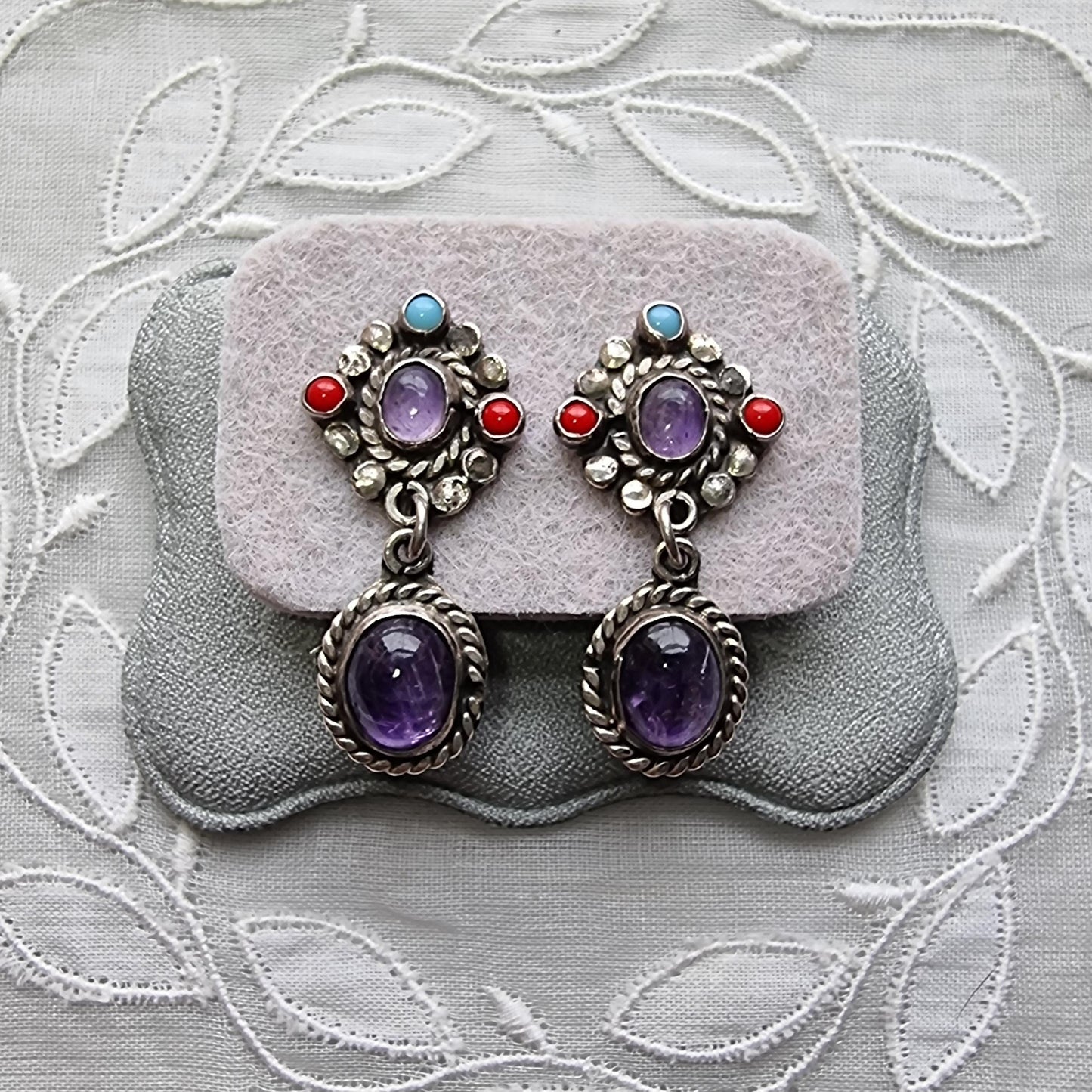 Posts - Sterling Silver Mexican Turquoise Coral and Amethyst Drop Earrings
