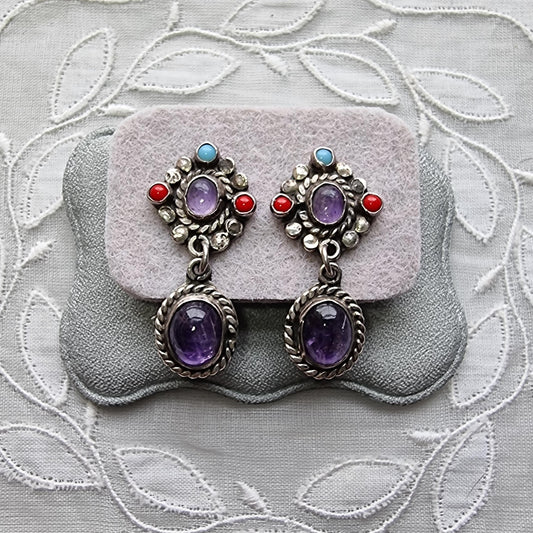 Posts - Sterling Silver Mexican Turquoise Coral and Amethyst Drop Earrings