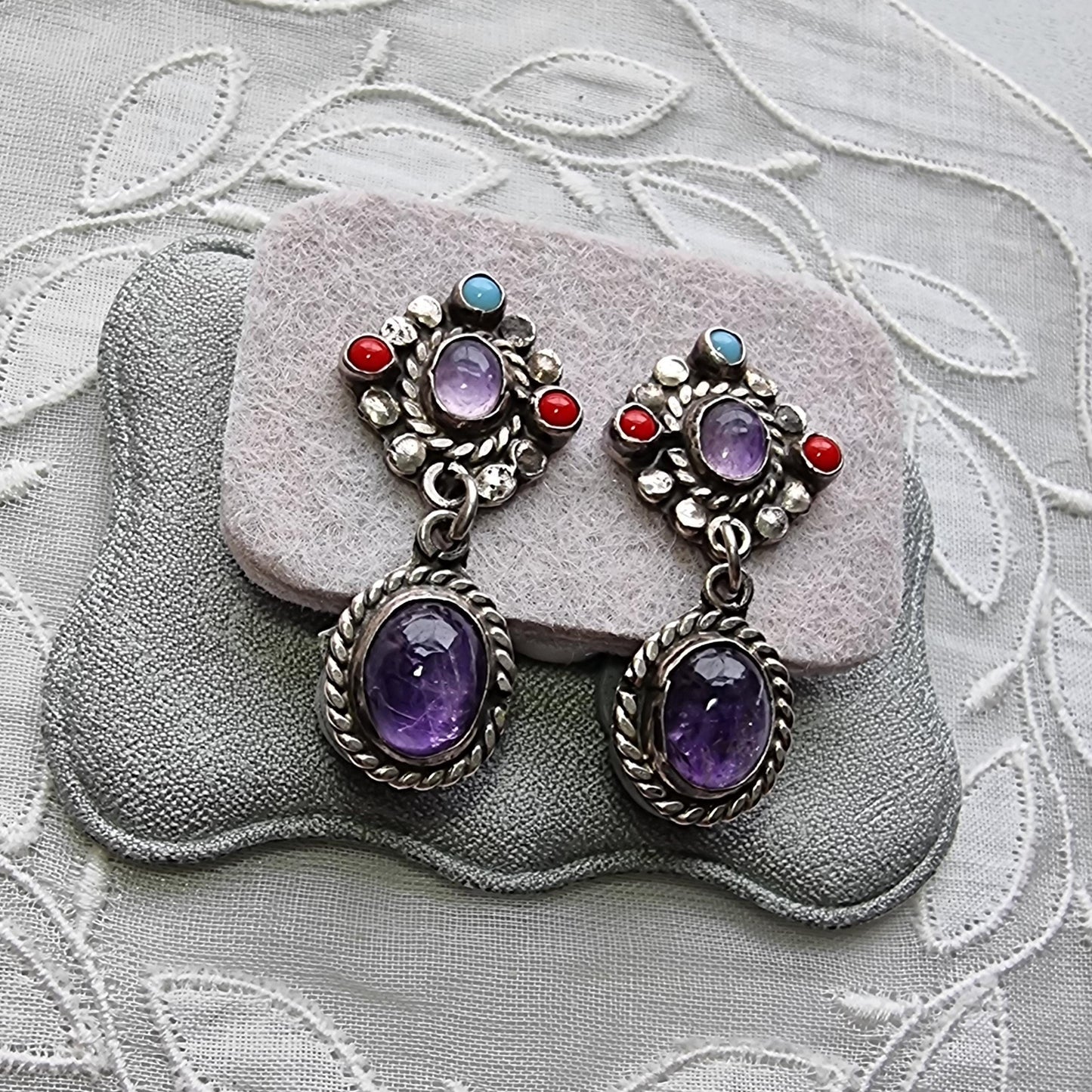 Posts - Sterling Silver Mexican Turquoise Coral and Amethyst Drop Earrings