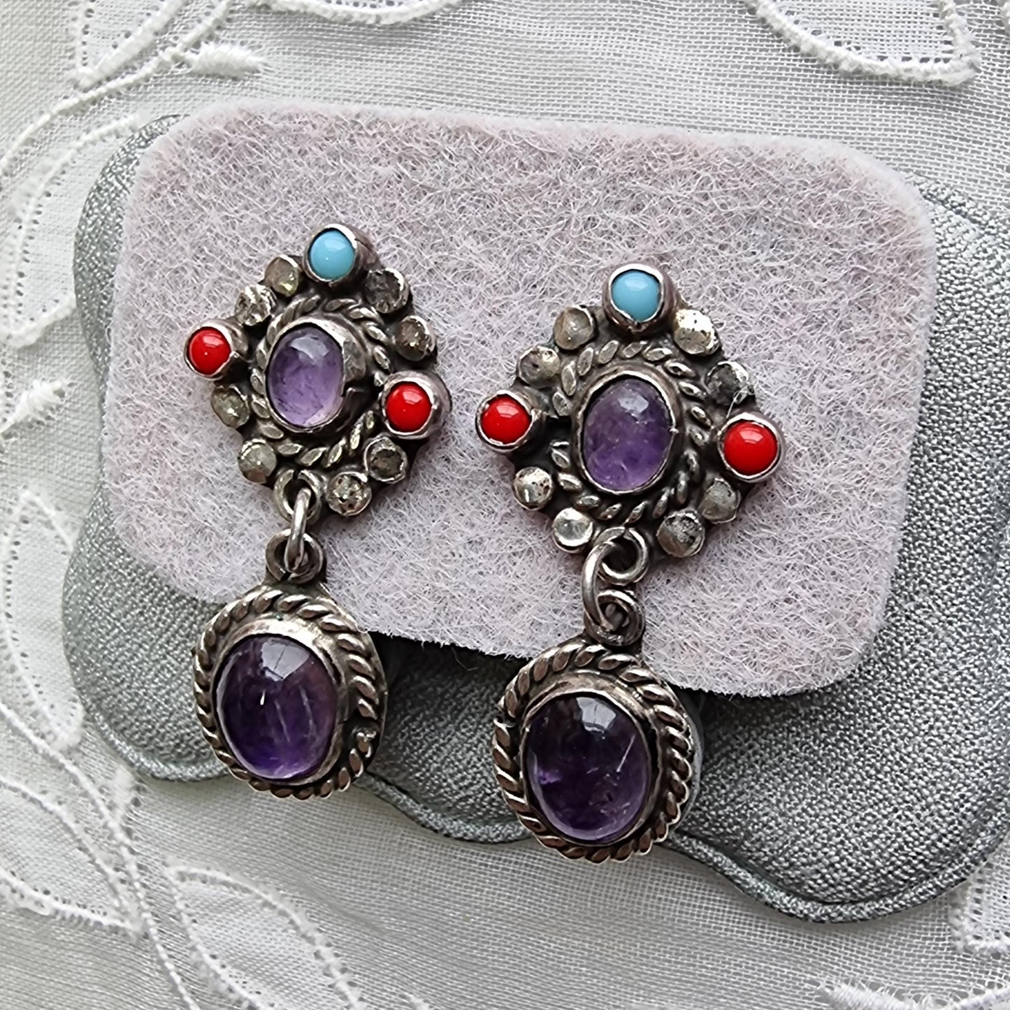 Posts - Sterling Silver Mexican Turquoise Coral and Amethyst Drop Earrings
