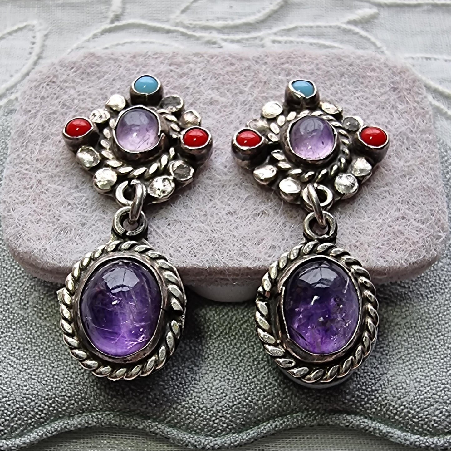 Posts - Sterling Silver Mexican Turquoise Coral and Amethyst Drop Earrings