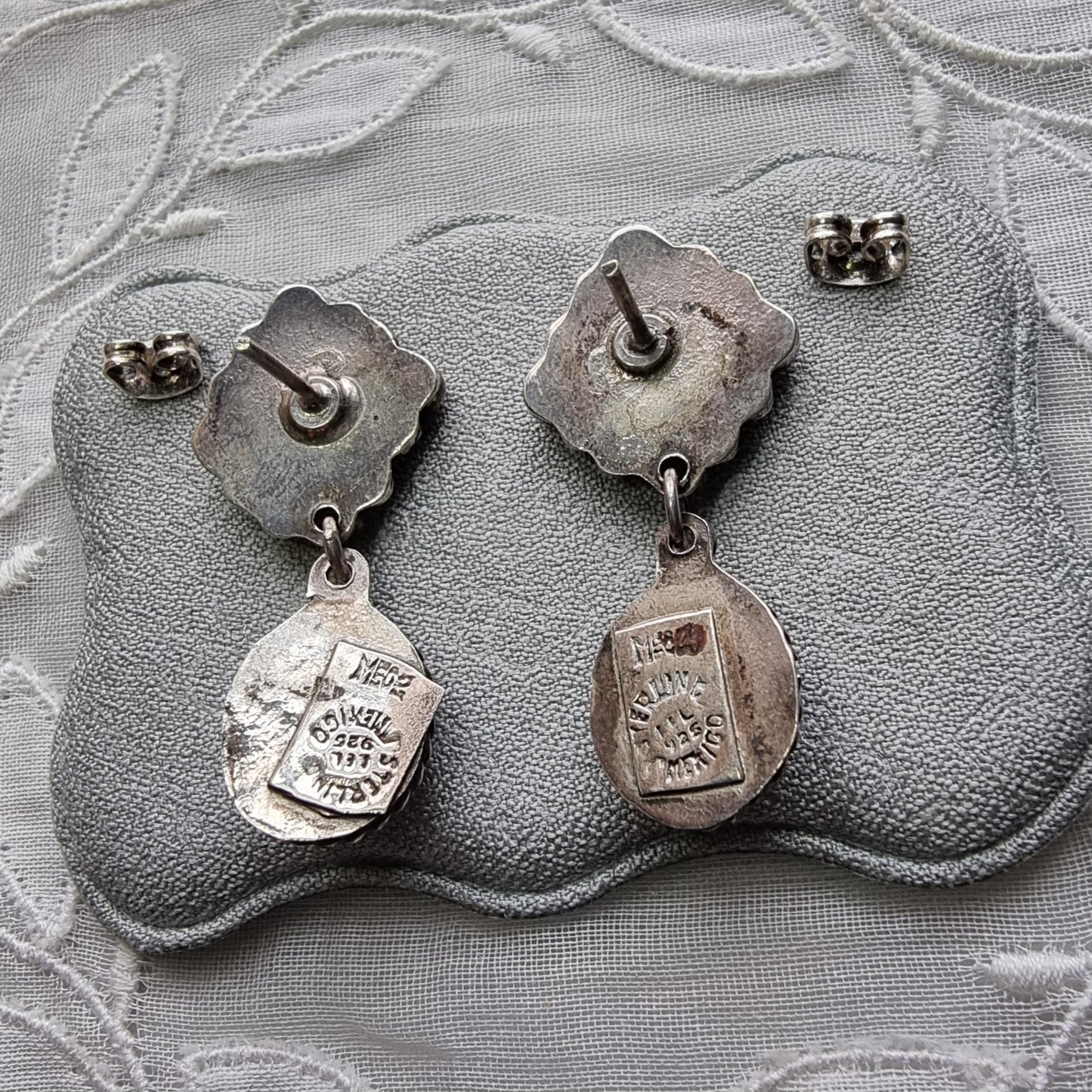 Posts - Sterling Silver Mexican Turquoise Coral and Amethyst Drop Earrings