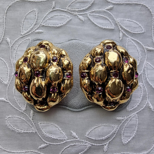 Clip on - Purple Crystals Cushion Dome Clip On Earrings