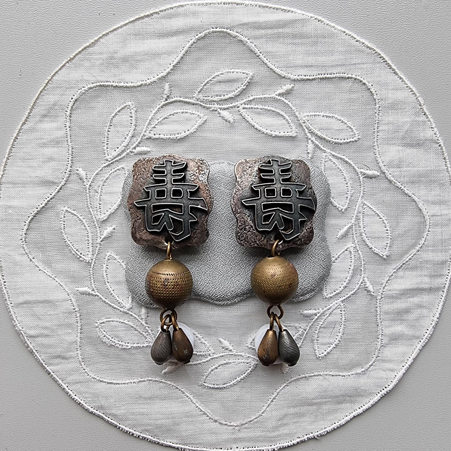 Clip on - Baer Chinese Character Two Tone Bead Drop Clip On Earrings