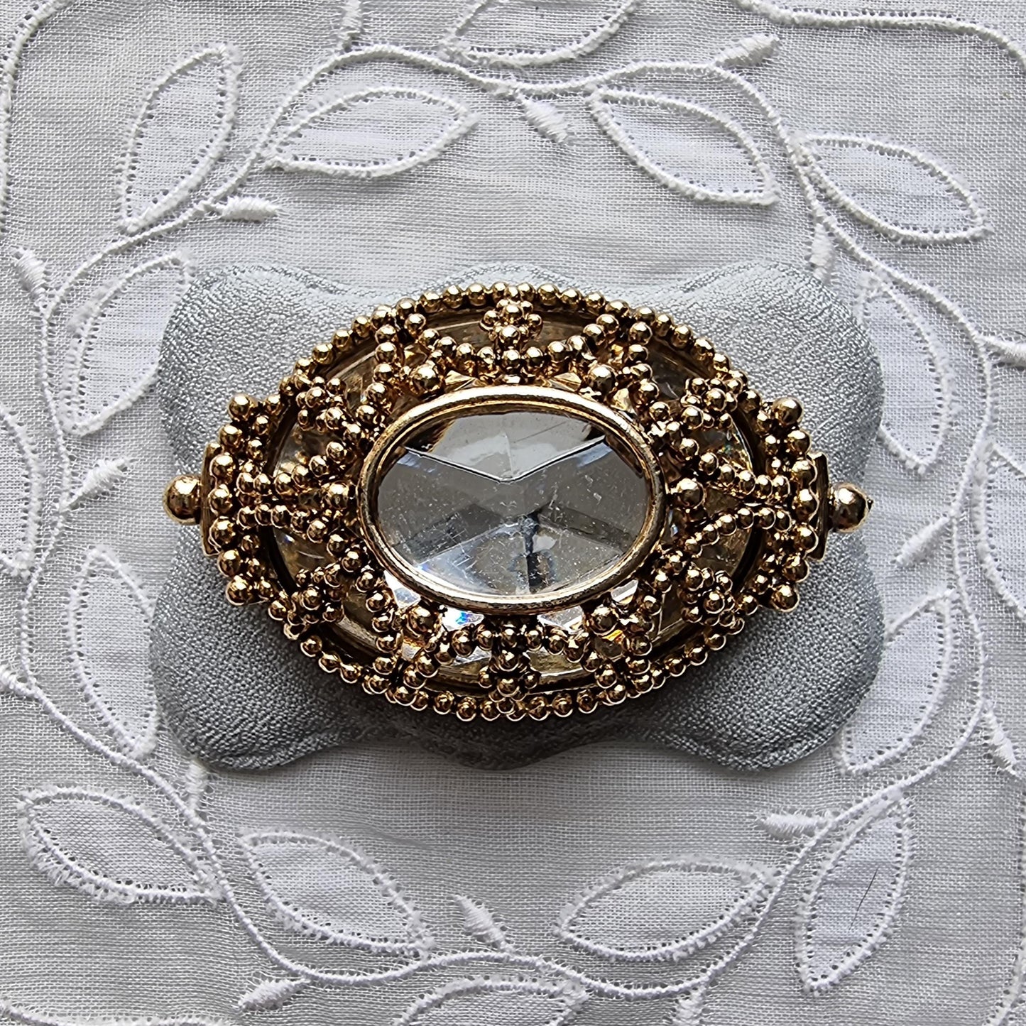 Brooch - Gold Bead Caged Oval Crystal Brooch