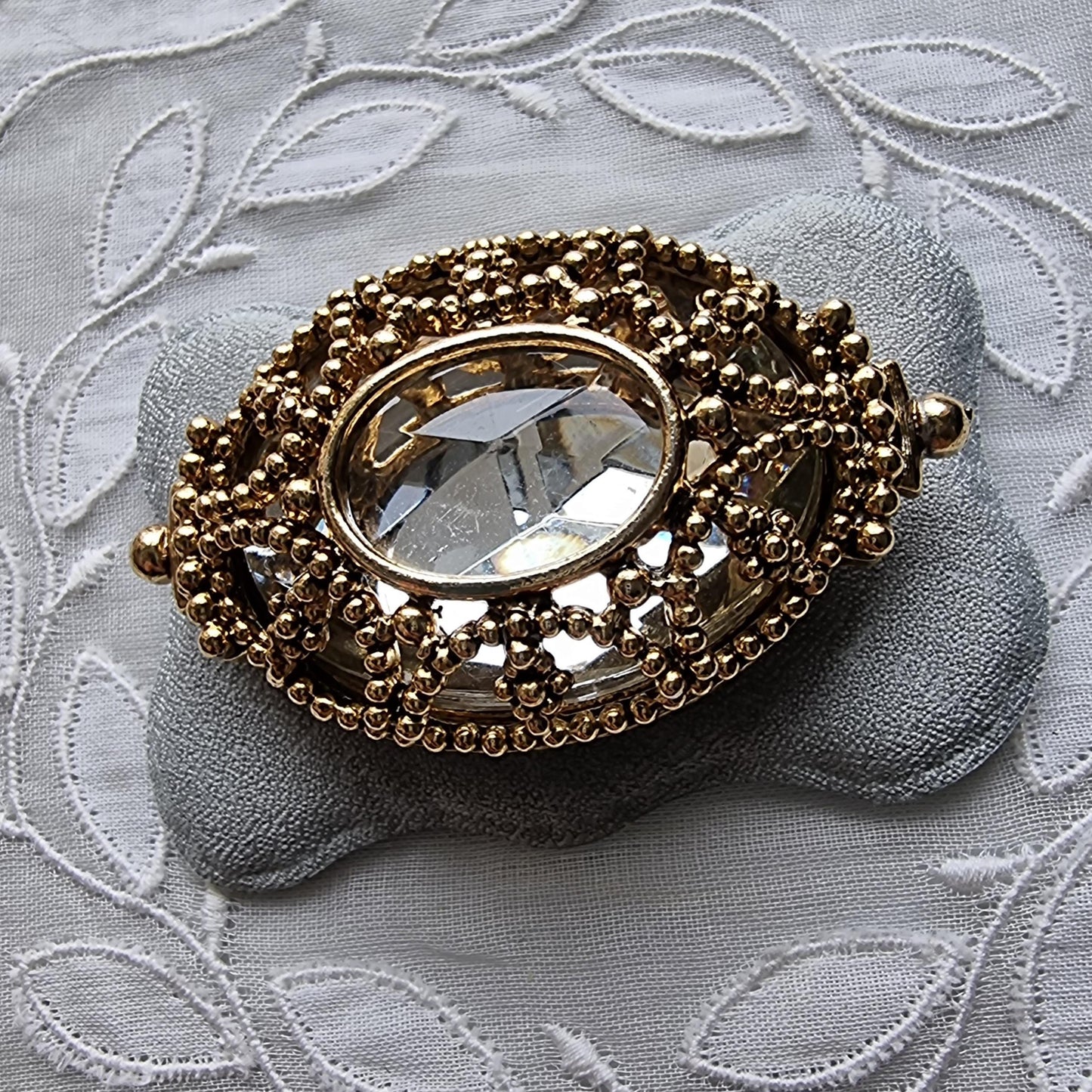 Brooch - Gold Bead Caged Oval Crystal Brooch