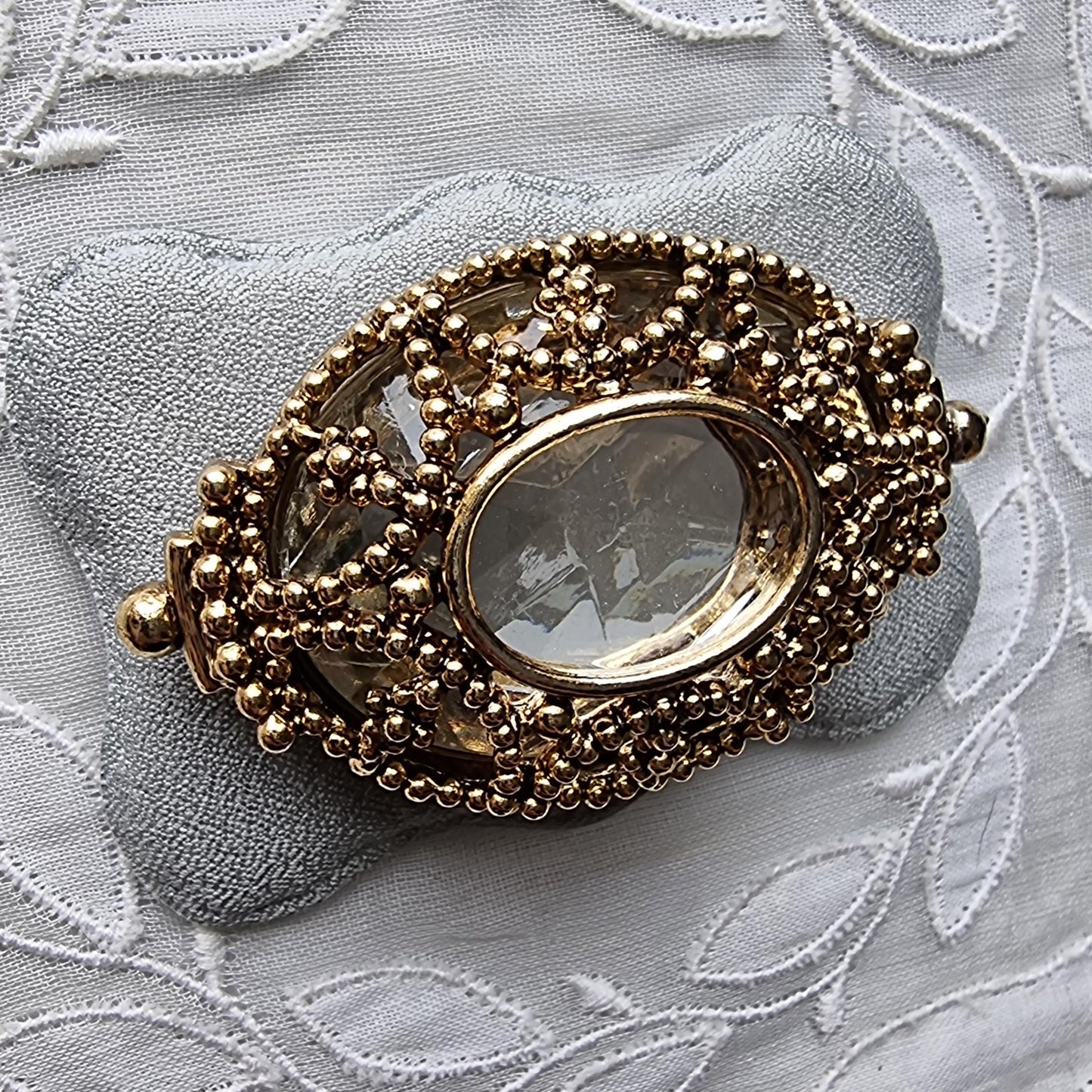 Brooch - Gold Bead Caged Oval Crystal Brooch