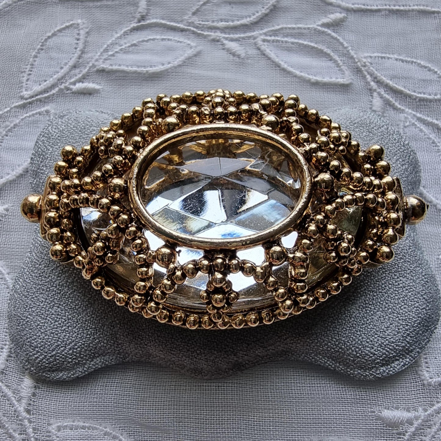 Brooch - Gold Bead Caged Oval Crystal Brooch
