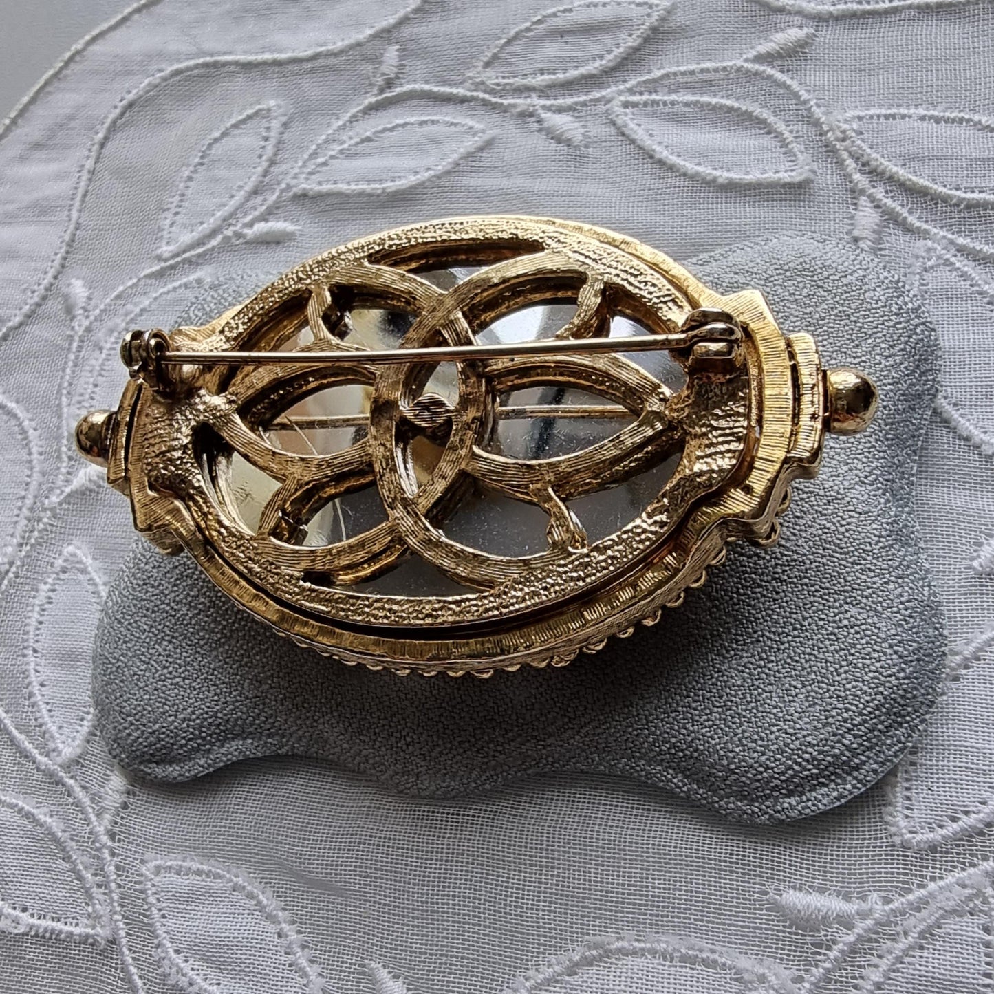 Brooch - Gold Bead Caged Oval Crystal Brooch