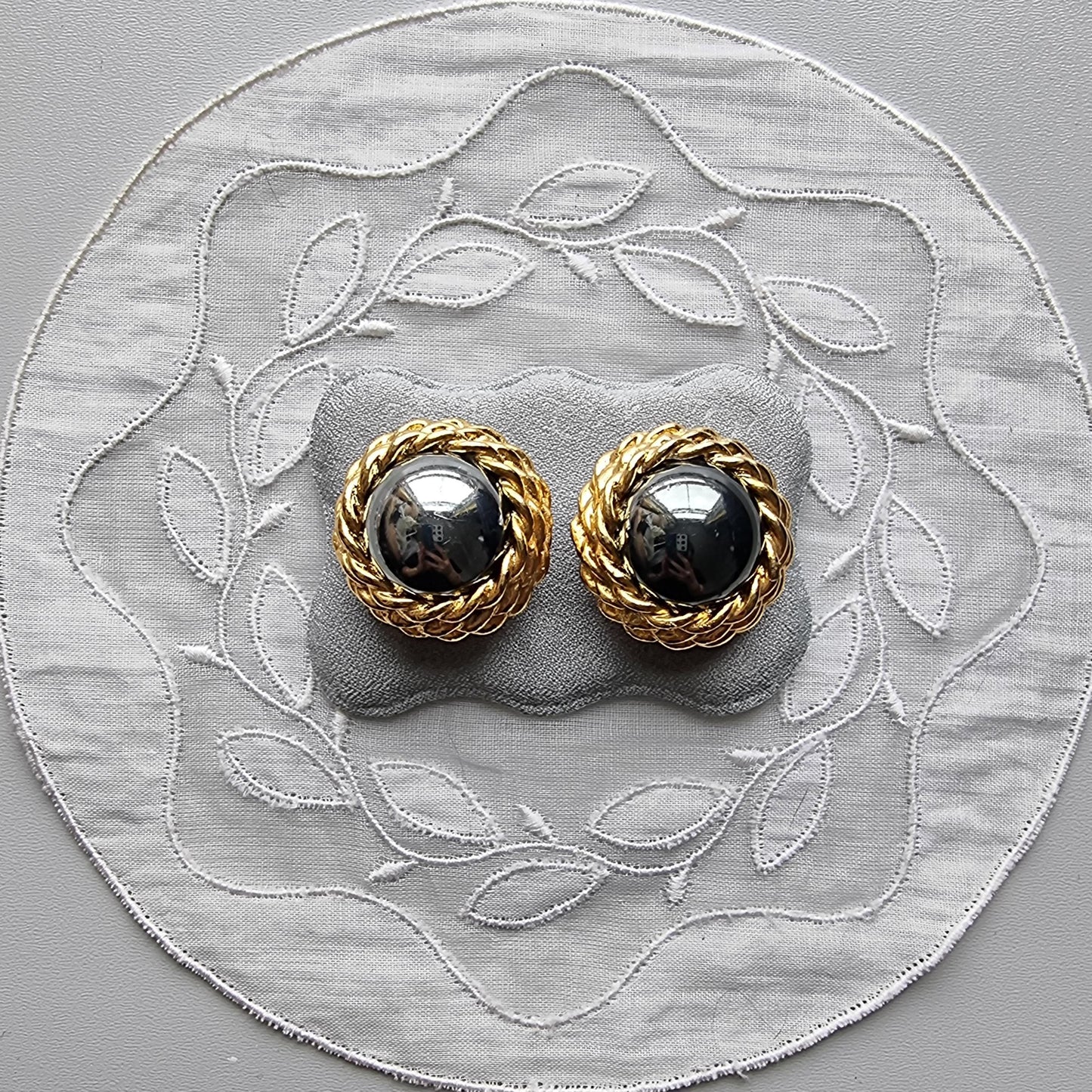Clip on - DMJ Gold Round Silver Grey Cabochon Crystal Clip on Earrings