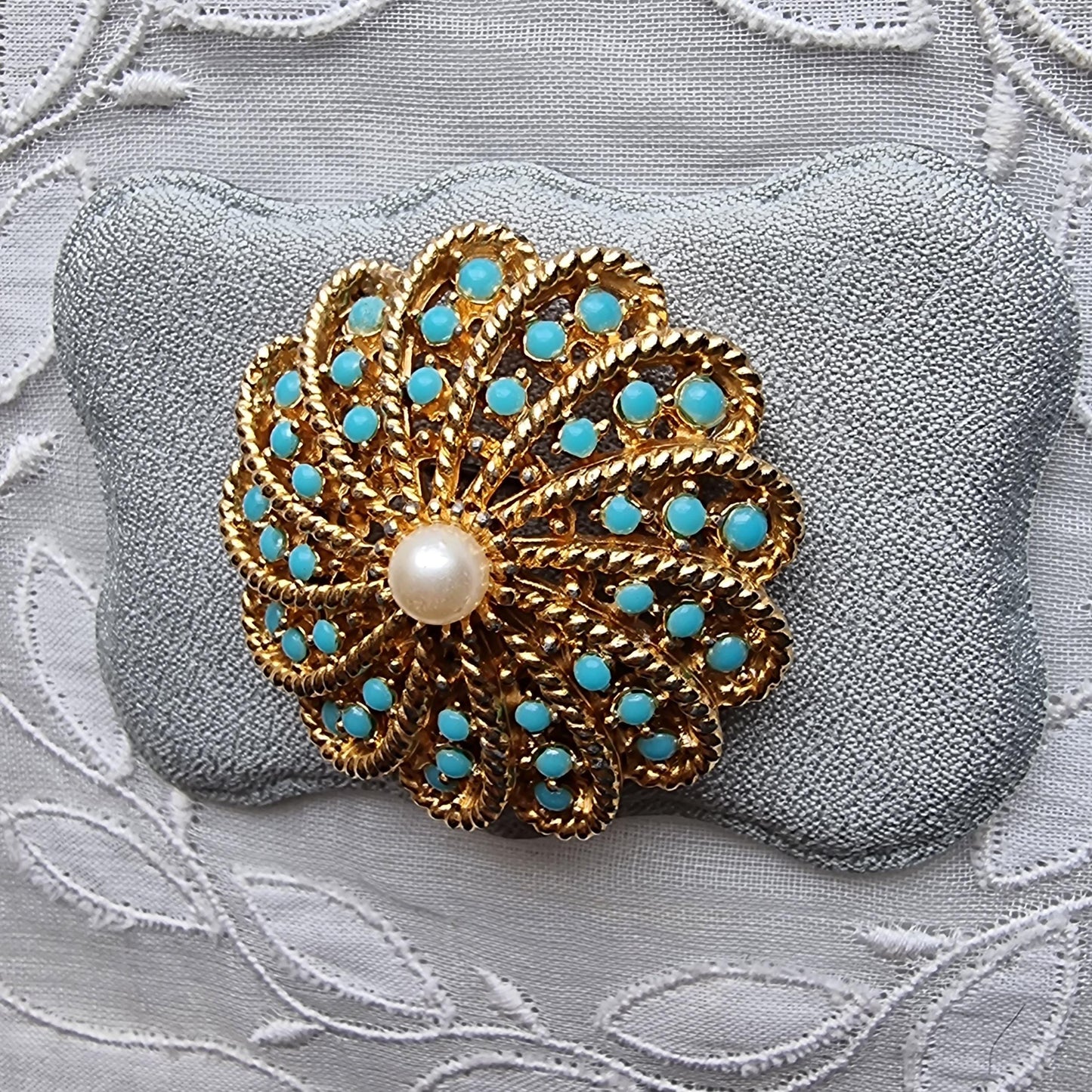 Brooch - Sphinx Gold Turquoise and Pearl Spray Brooch