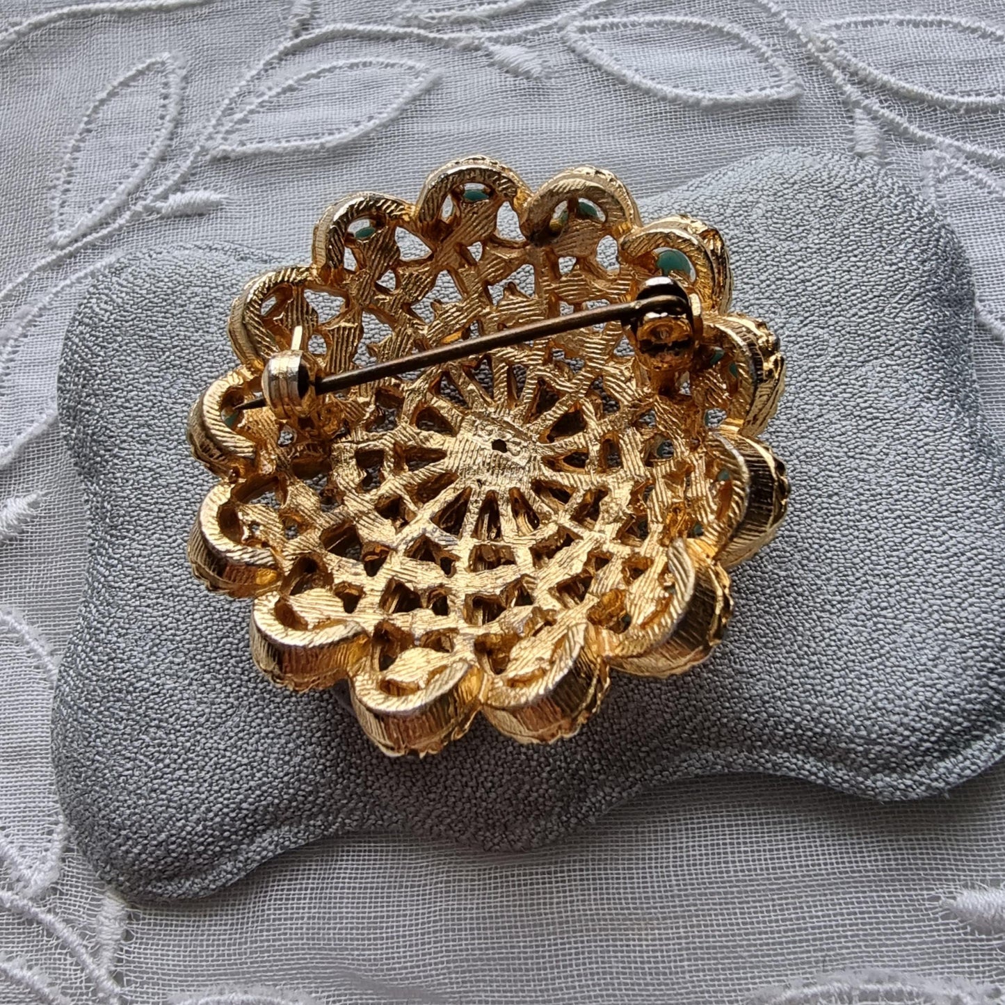 Brooch - Sphinx Gold Turquoise and Pearl Spray Brooch
