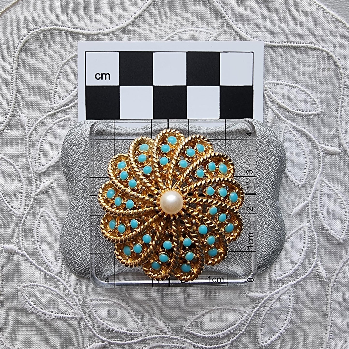 Brooch - Sphinx Gold Turquoise and Pearl Spray Brooch