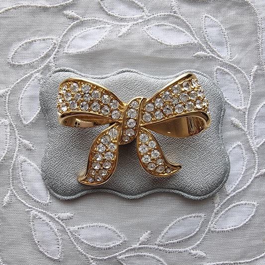 Brooch - Gold and Clear Crystals Bow Brooch