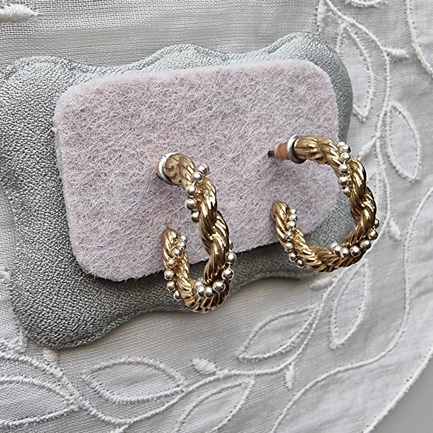 Posts - Small Gold Beaded Twist Hoop Earrings