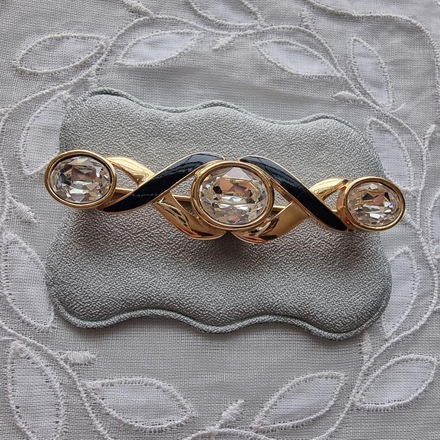 Brooch - Swarovski S.A.L. Black Enamel and Crystals Ribbon Bar Brooch