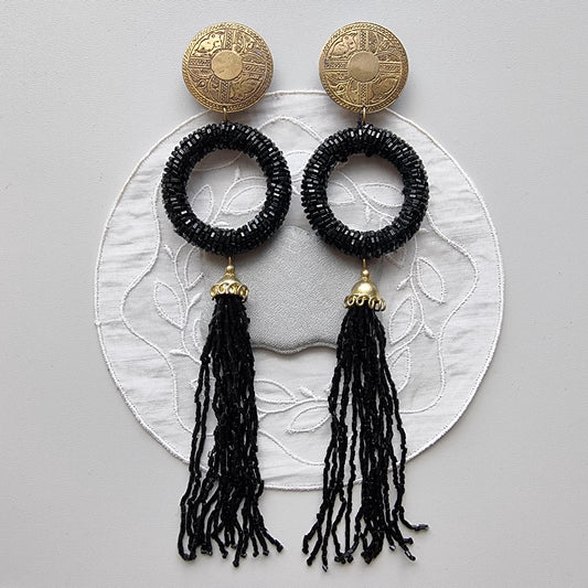 Clip on - Brass Coin Black Beads Drop Statement Clip On Earrings