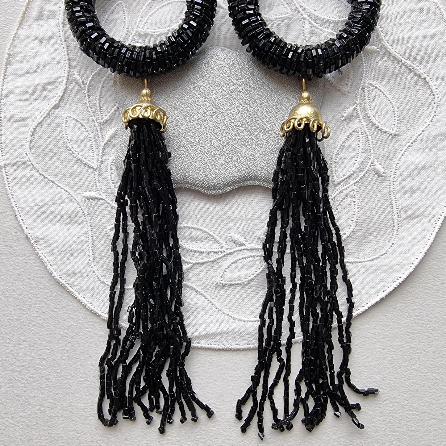 Clip on - Brass Coin Black Beads Drop Statement Clip On Earrings