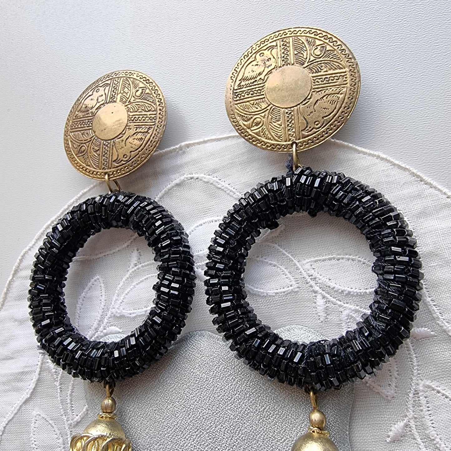 Clip on - Brass Coin Black Beads Drop Statement Clip On Earrings