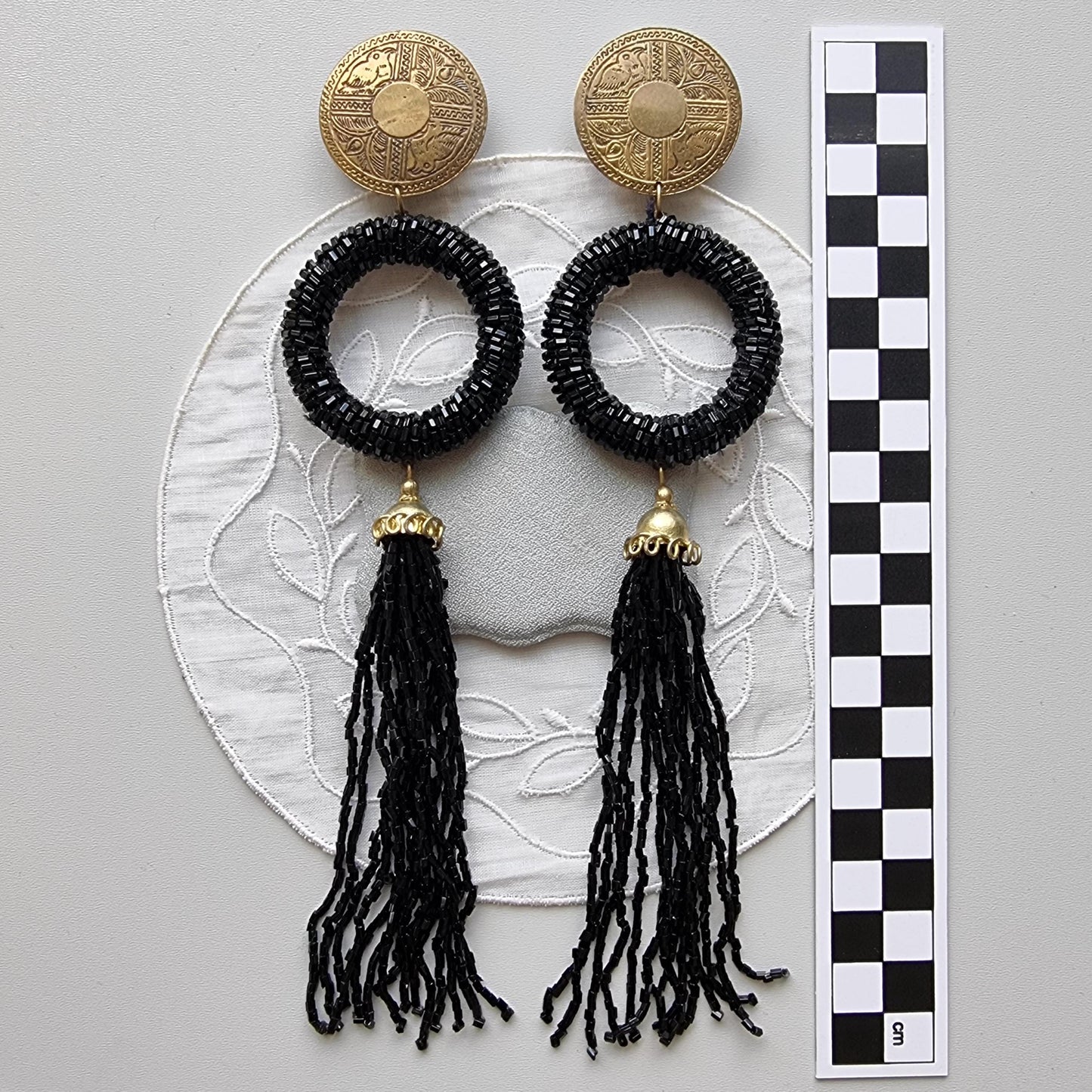 Clip on - Brass Coin Black Beads Drop Statement Clip On Earrings