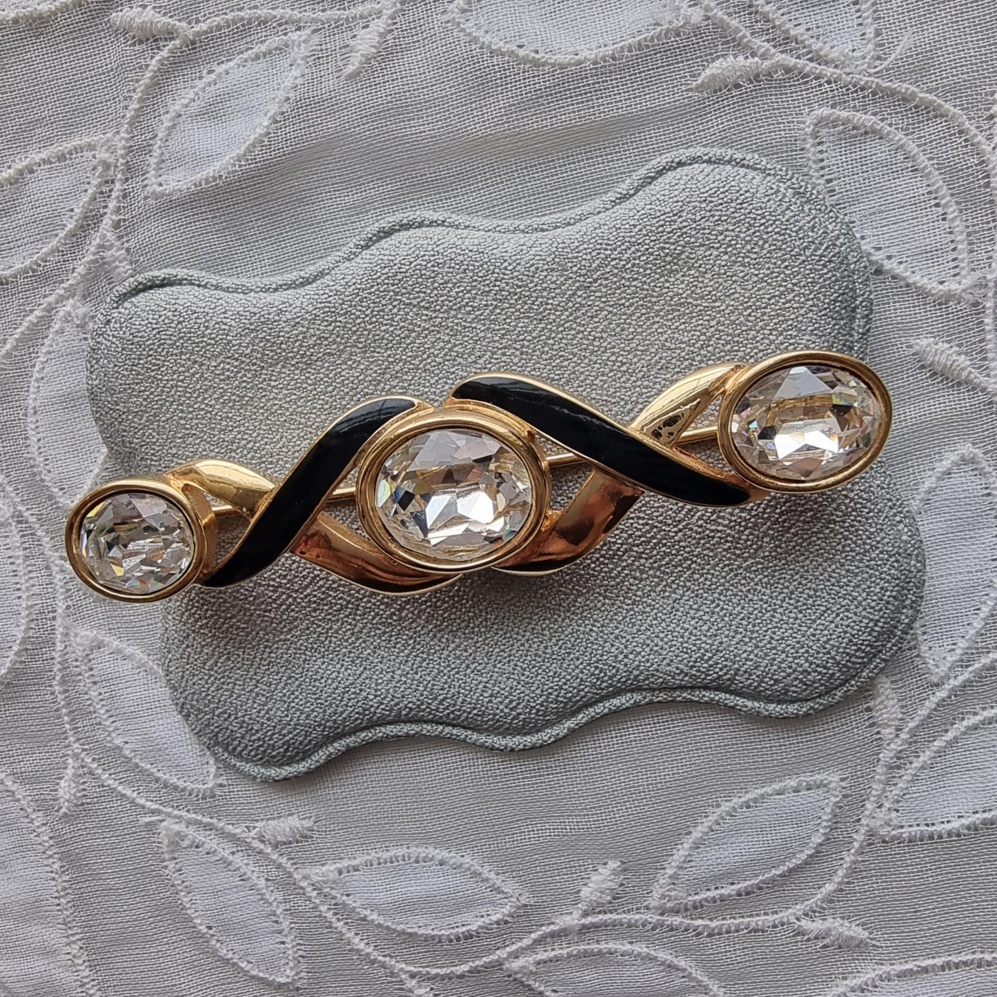 Brooch - Swarovski S.A.L. Black Enamel and Crystals Ribbon Bar Brooch